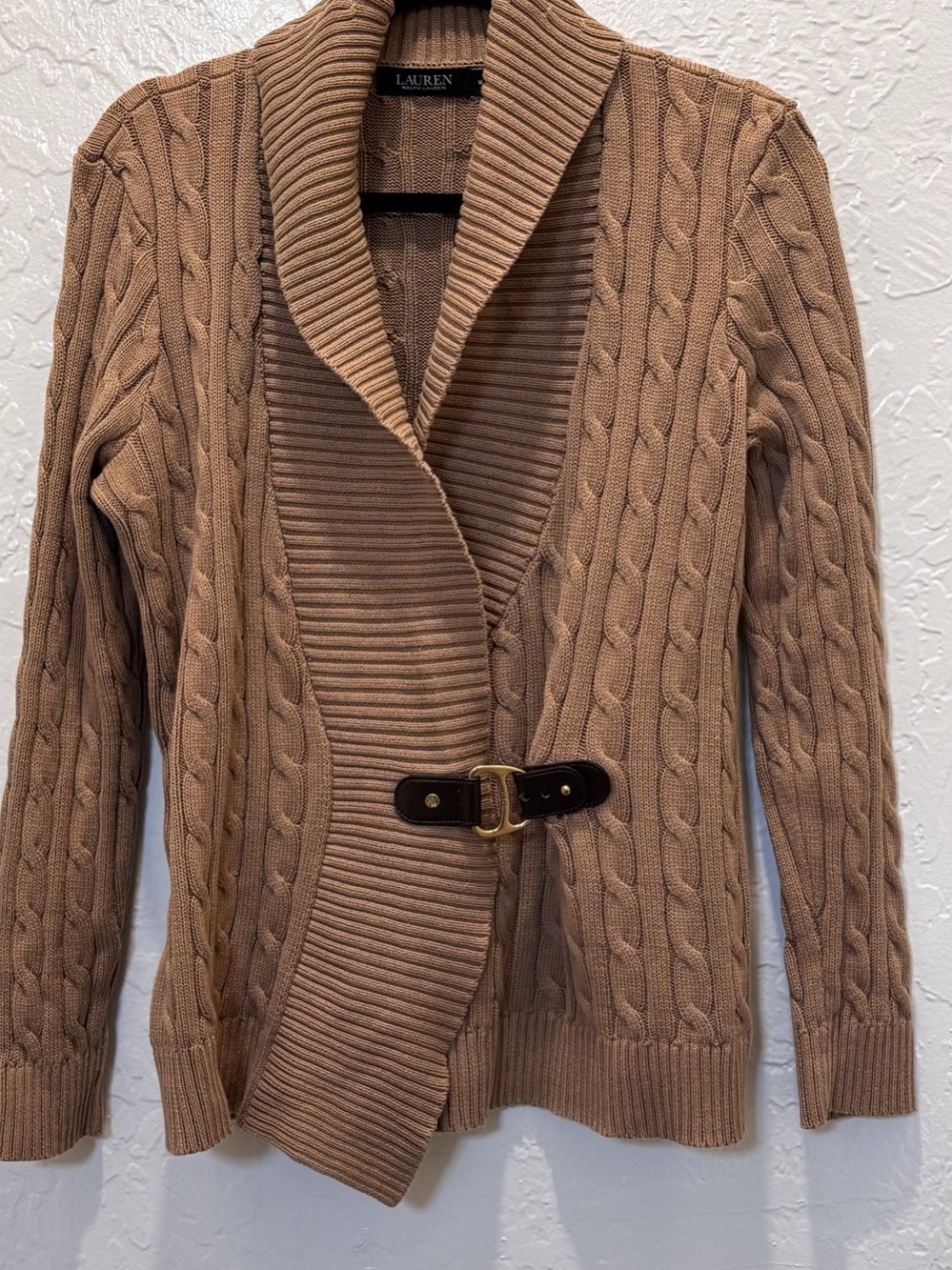 Lauren Ralph Lauren Cable Stitch Cotton Wrap Cardigan Brown Medium